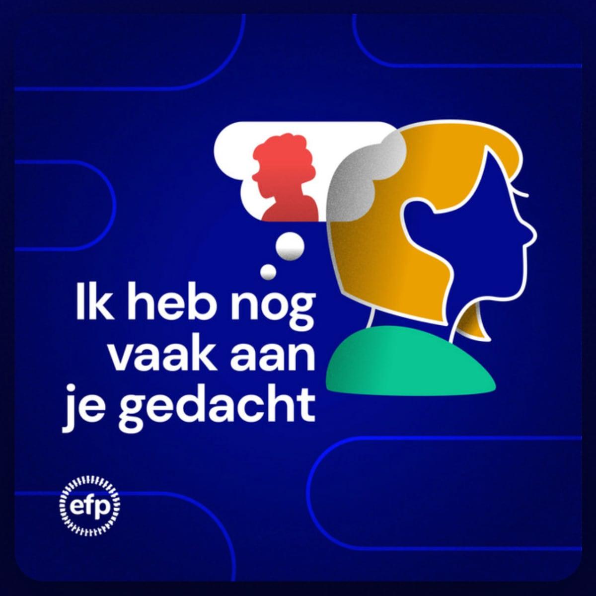 cover van de podcast 'ik nog vaak aan he gedacht' waarop een gezicht te zien is met een ander gezicht dat in een tekst-ballon uitgebeeld wordt als een soort van gedachte