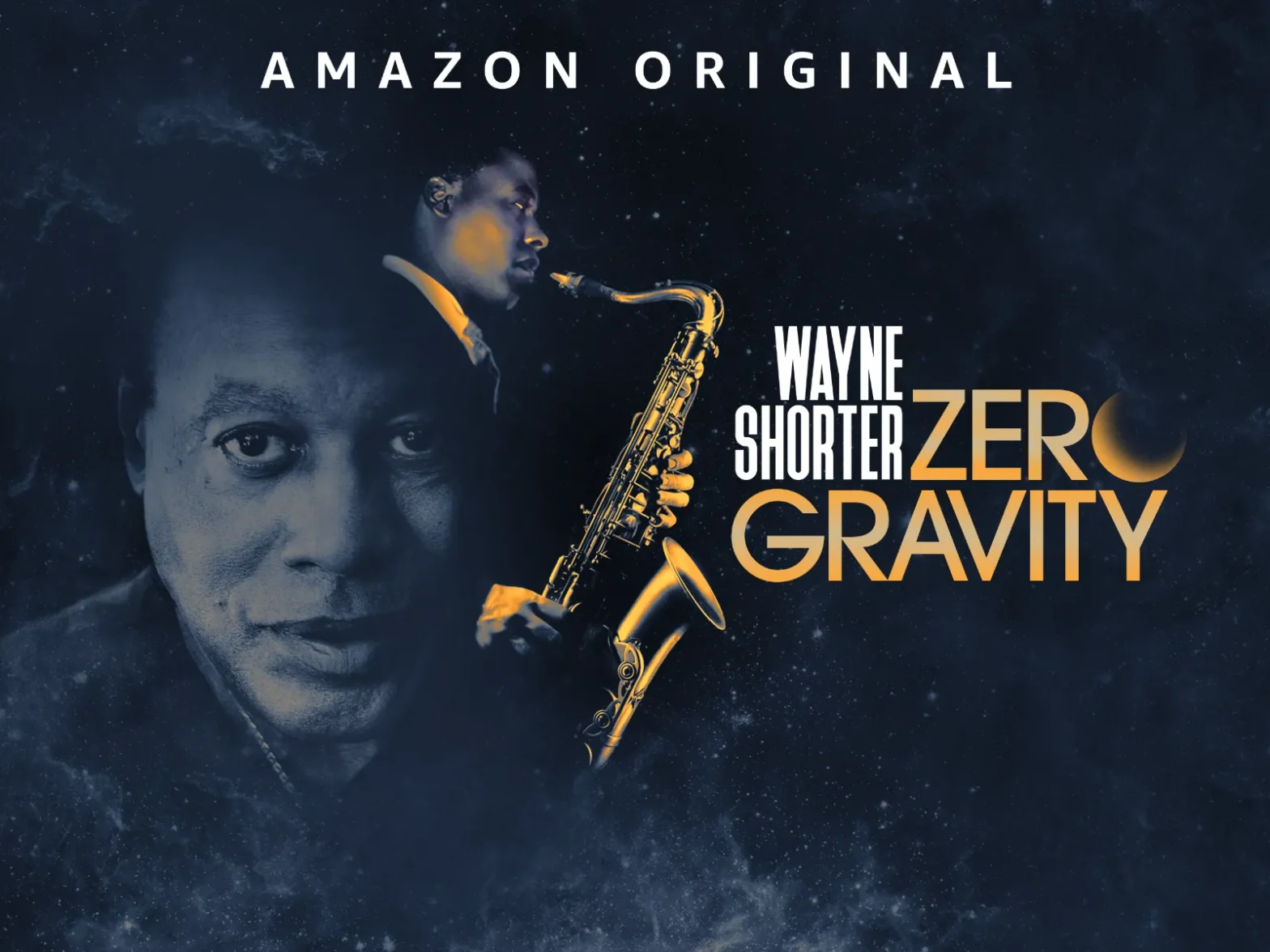 coverart van de documentaireserie Zero Gravity waarop een profielfoto van saxofonist Wayne Shorter te zien is met daarachter Wayne met sax in de mond en profiel gefotografeerd